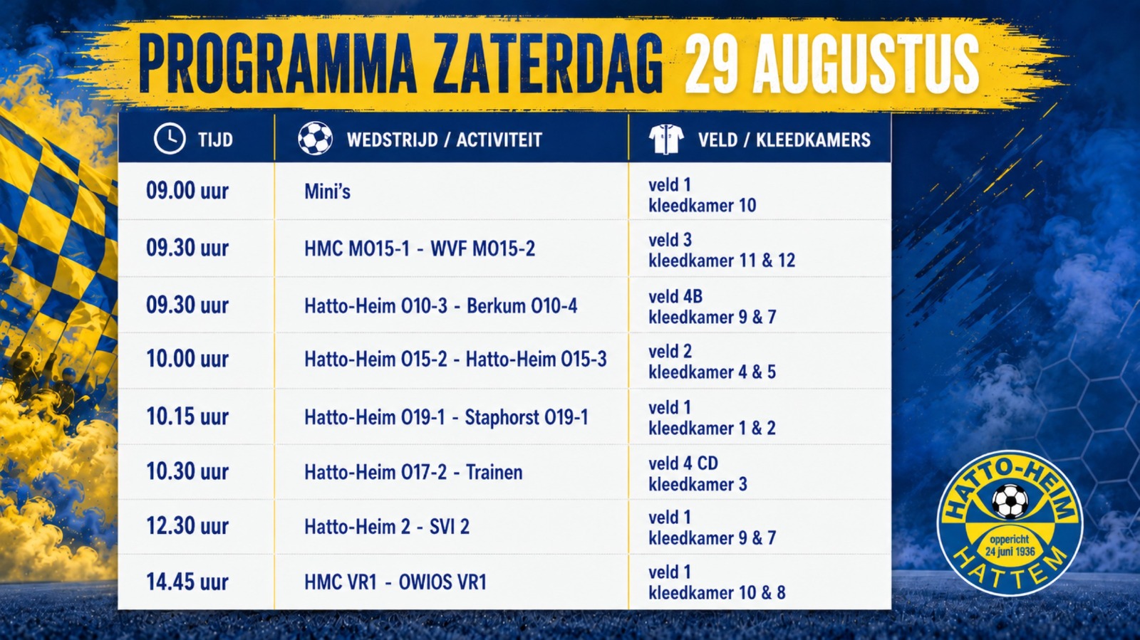 Programma zaterdag 29 augustus op sportpark ’t Achterveen