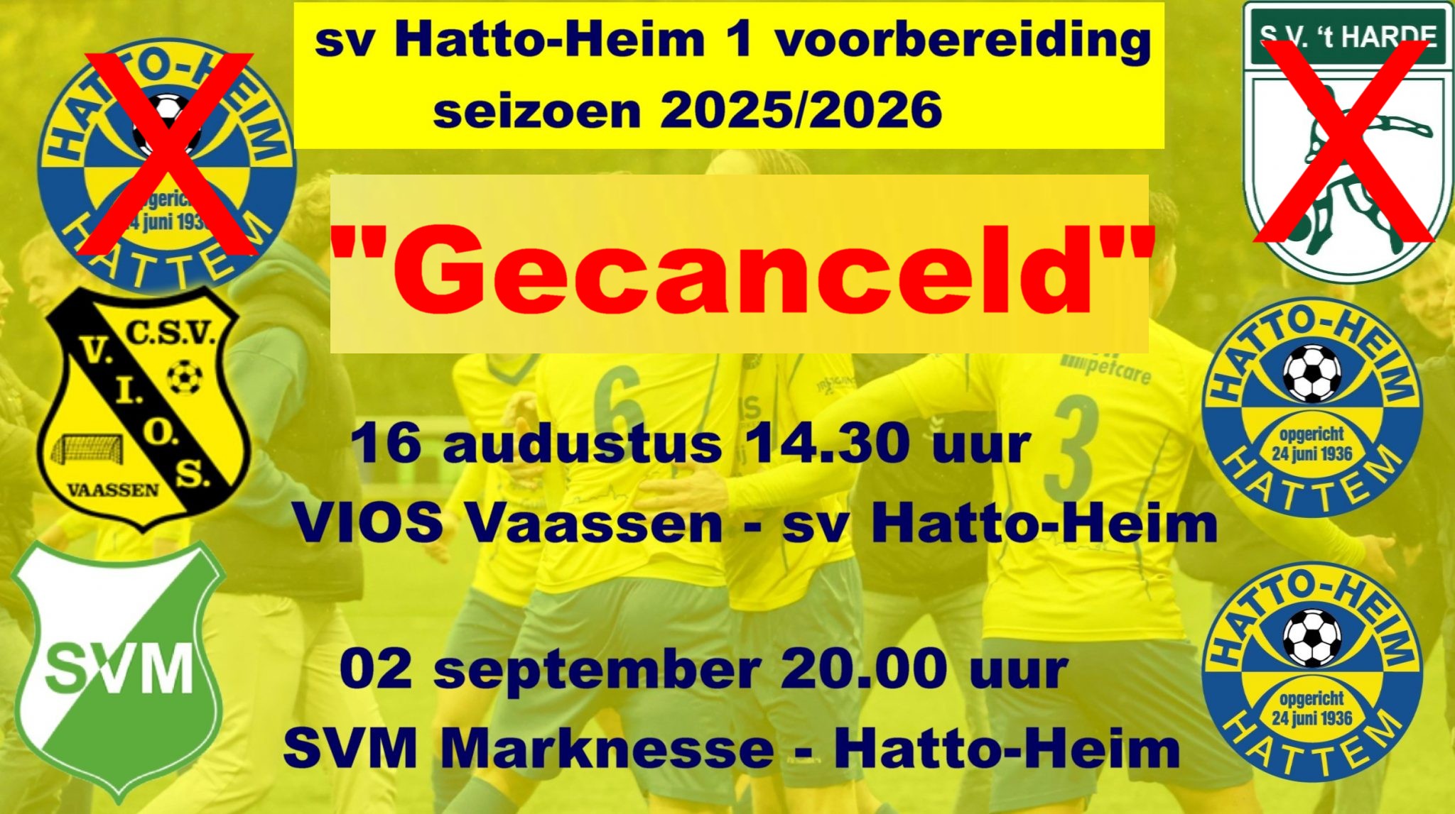 Oefenwedstrijd Hatto-Heim – S.V. ‘t Harde AFGELAST!